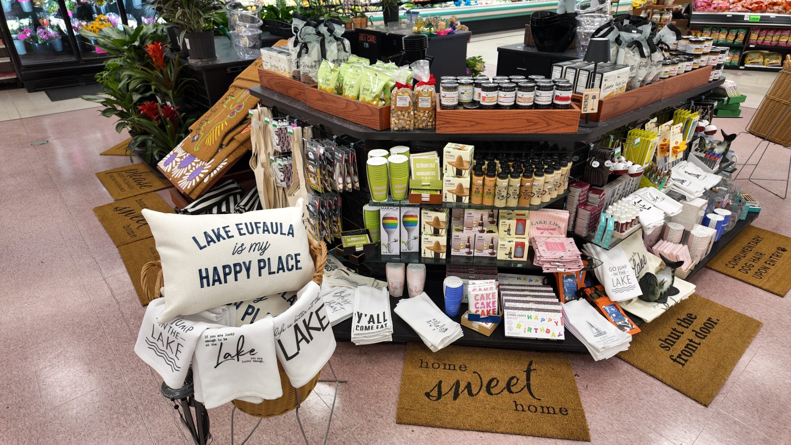 Lake-themed gifts, pillows, doormats, and entertaining accessories